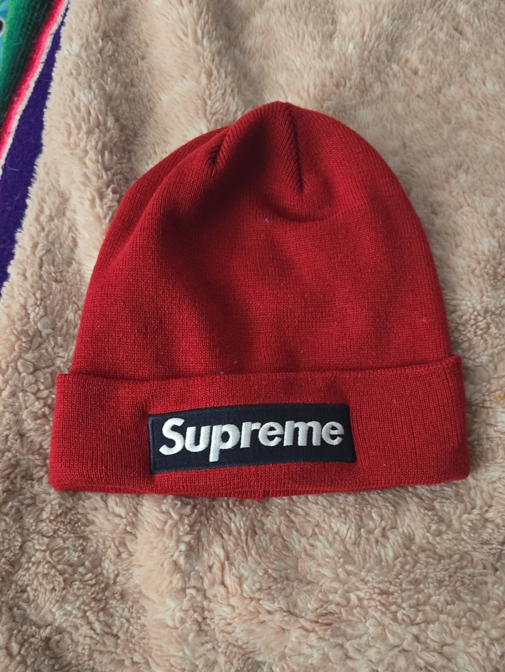 Supreme Red Knit Beanie with Blue Logo Patch